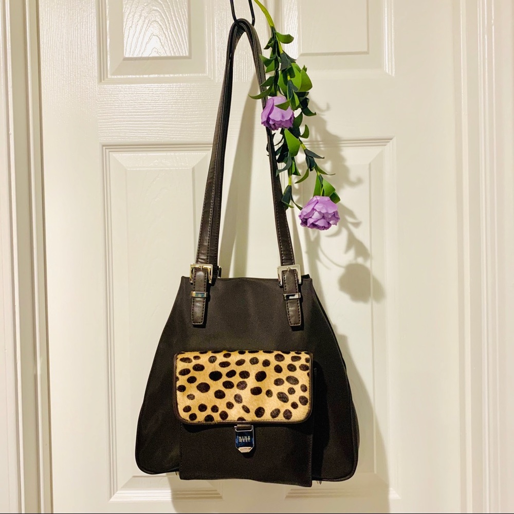 Shoulder Travel Bag Tote Purse Leopard Animal Print Calf Skin Fur Trim EUC